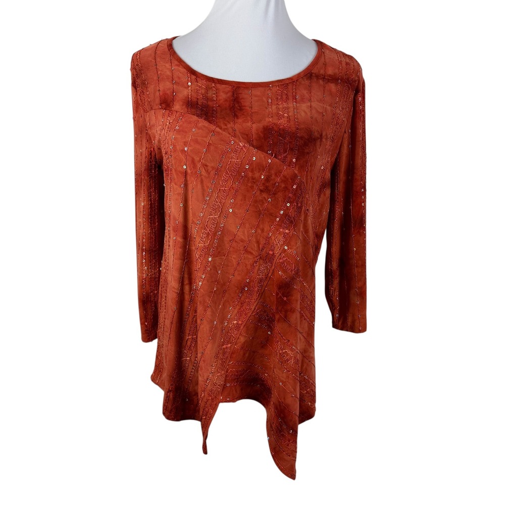 Sami & Jo Burnt Orange Sequin Asymmetrical Sharkbite Hem Tunic Top Women's Large